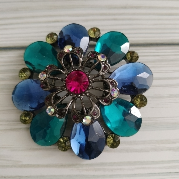 Tricolor Rhinestones Accents Floral Flower Brooch 2" - Picture 1 of 7